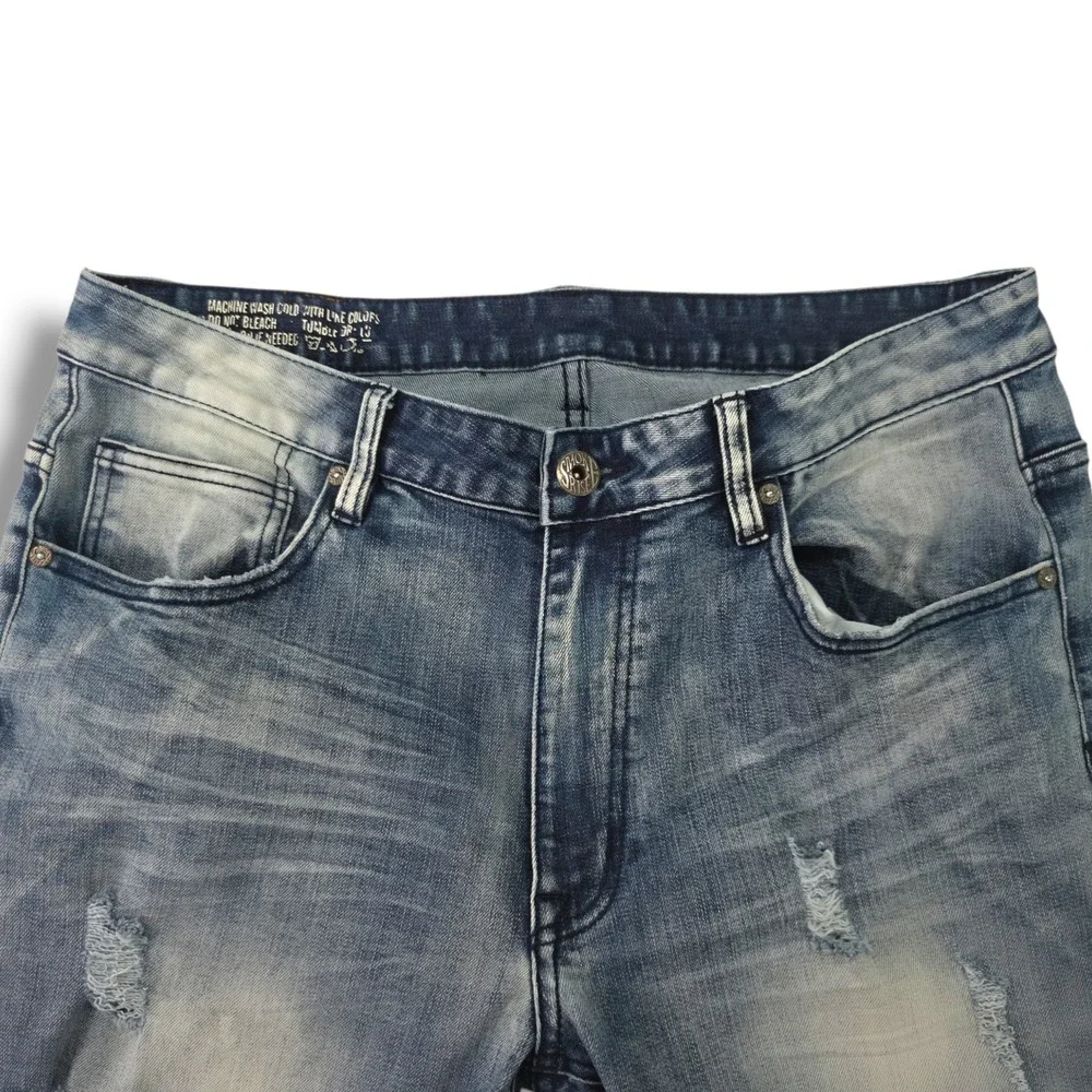 Smoke Rise Distressed Slim Straight Jeans Ripped Knee Moto Light Wash Y2K 34x34